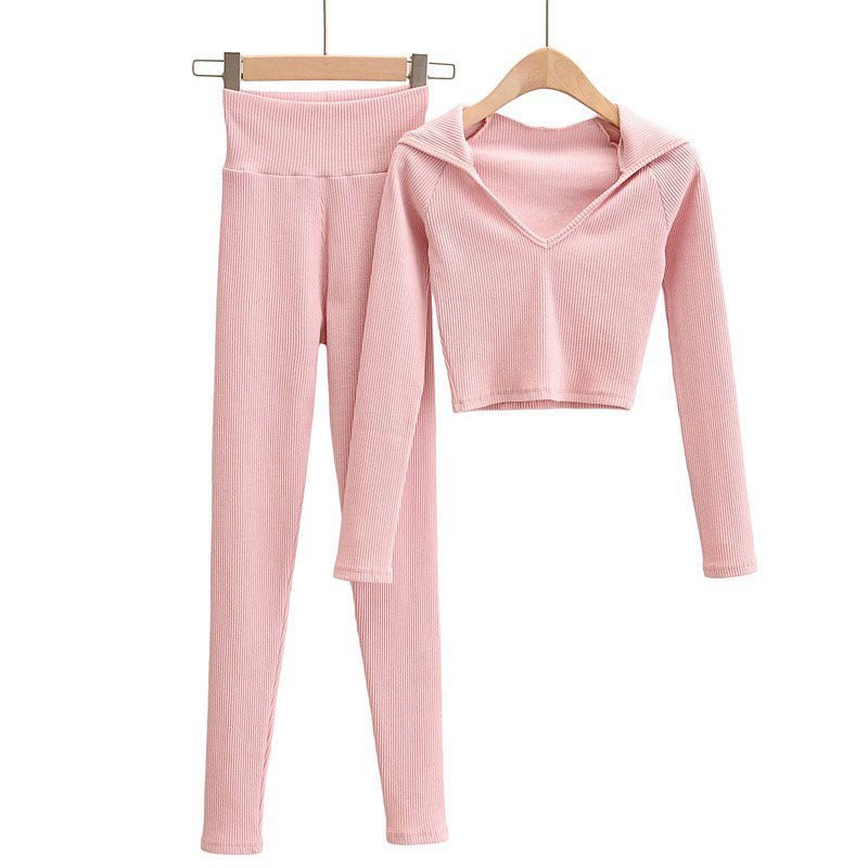 Slim Short Navel V-neck Hooded Threaded Sweatshirt Long Sleeve Two-Piece Set