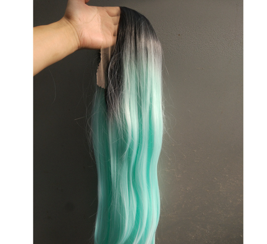 Front Lace Wig Long Straight Hair Female Middle Gradient Ombre Green Synthetic