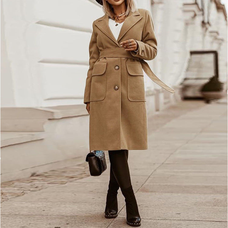 Slim-fit long lapel tie woolen coat