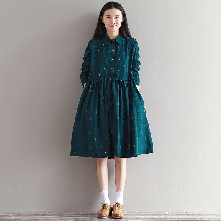 Long sleeve printed corduroy dress