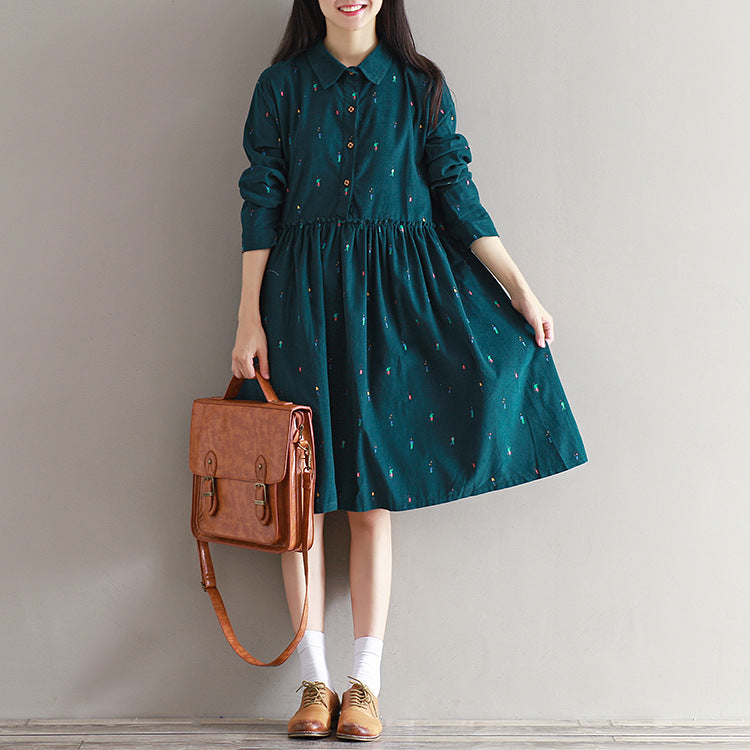 Long sleeve printed corduroy dress