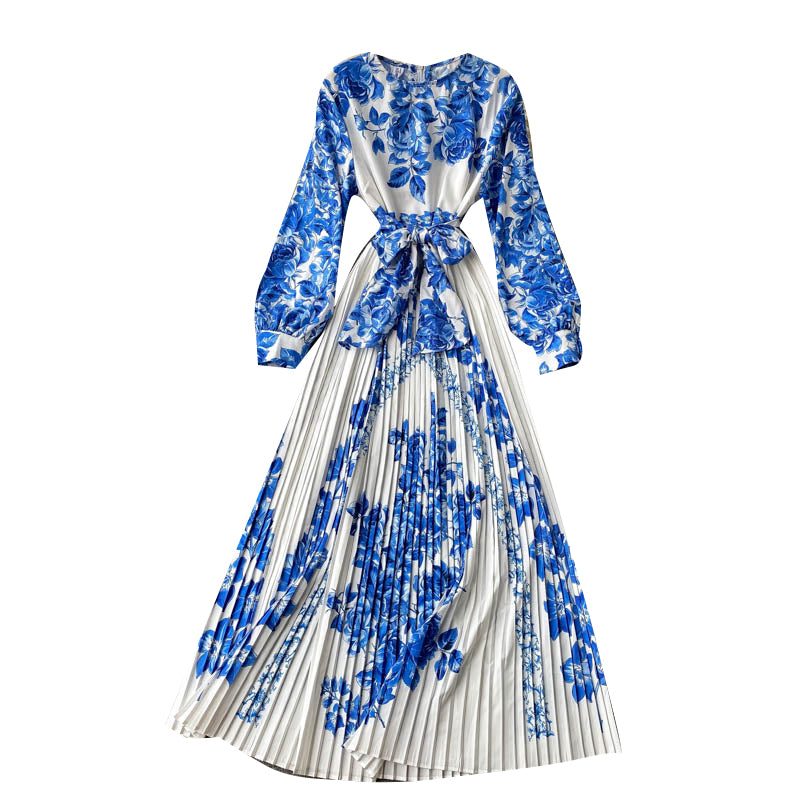 Blue and white porcelain print dress long skirt