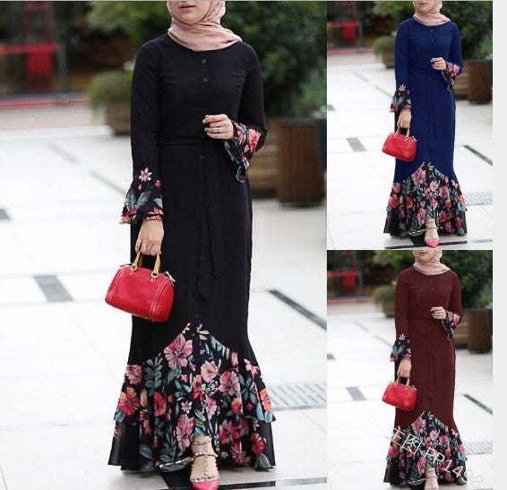 Spliced Flower Print Design Long Sleeve Button Decoration Loose Long Dress