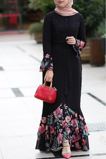 Spliced Flower Print Design Long Sleeve Button Decoration Loose Long Dress