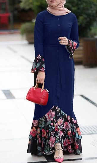 Spliced Flower Print Design Long Sleeve Button Decoration Loose Long Dress