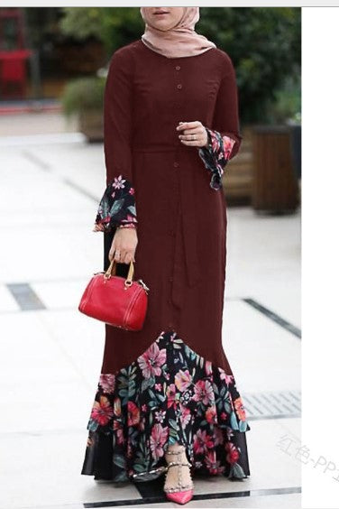 Spliced Flower Print Design Long Sleeve Button Decoration Loose Long Dress