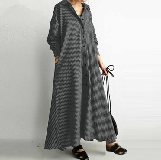 New Literary Style Cotton And Linen Striped Lapel Long-sleeved Pockets Simple Loose Casual Long Shirt Dress