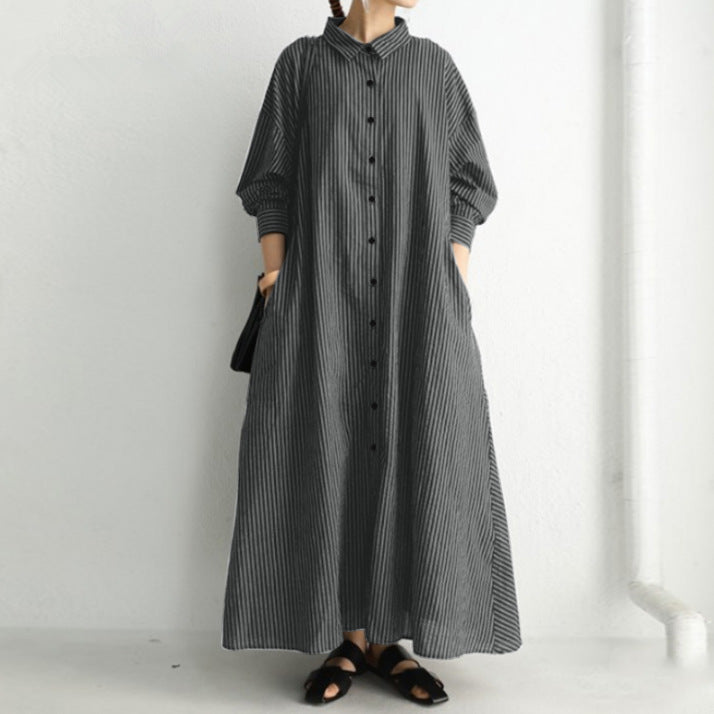 New Literary Style Cotton And Linen Striped Lapel Long-sleeved Pockets Simple Loose Casual Long Shirt Dress