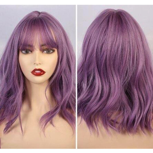 New Natural Wave Wig, Short Curly Hair, Purple Wig Set, Curly Hair With Bangs Synthetic Wig