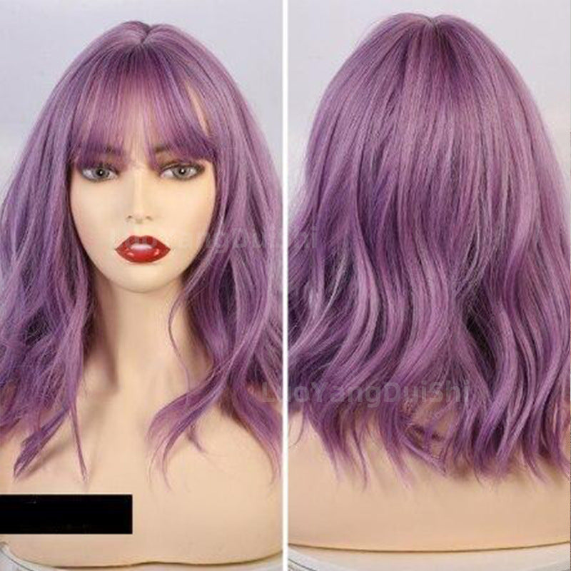 New Natural Wave Wig, Short Curly Hair, Purple Wig Set, Curly Hair With Bangs Synthetic Wig