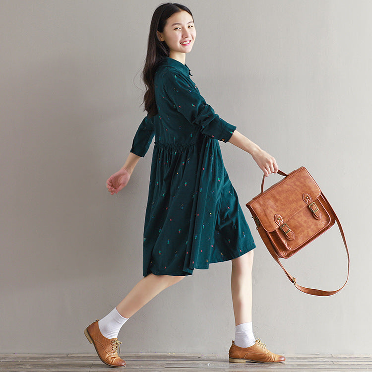 Long sleeve printed corduroy dress