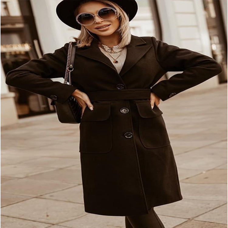 Slim-fit long lapel tie woolen coat