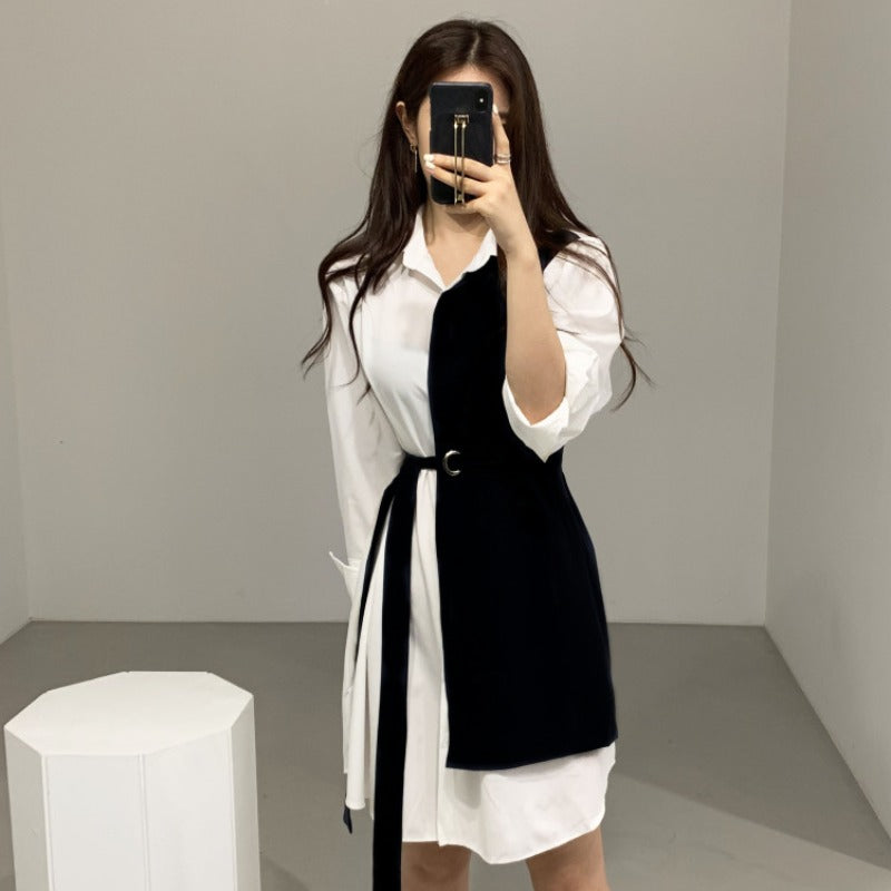 Women's Lapel And Receiving Waist Tie Shirt Dress