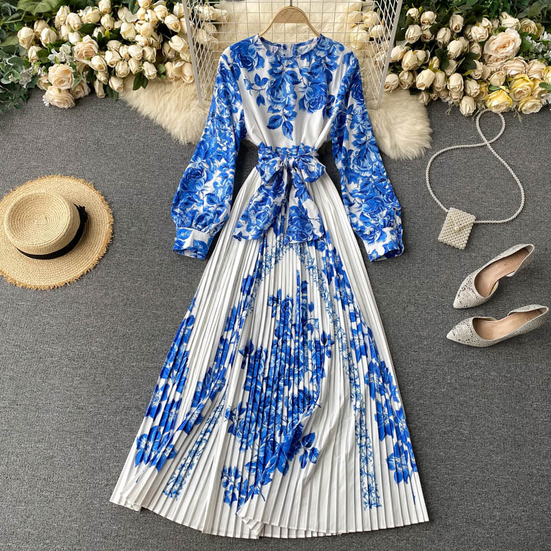 Blue and white porcelain print dress long skirt