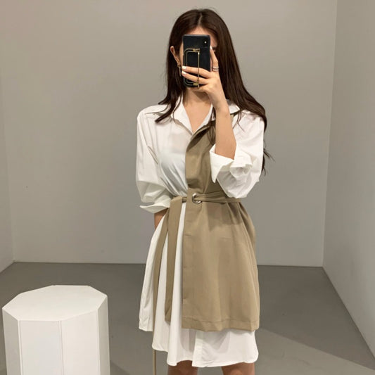 Women's Lapel And Receiving Waist Tie Shirt Dress