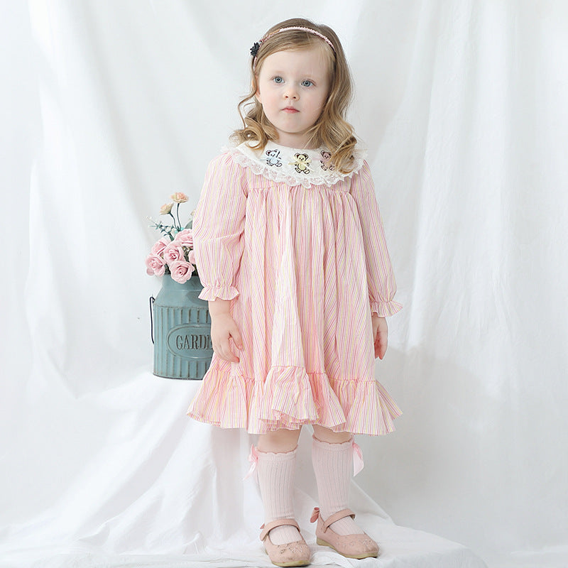 Lapel Long Sleeve Dress Embroidered Striped Princess Dress For Children