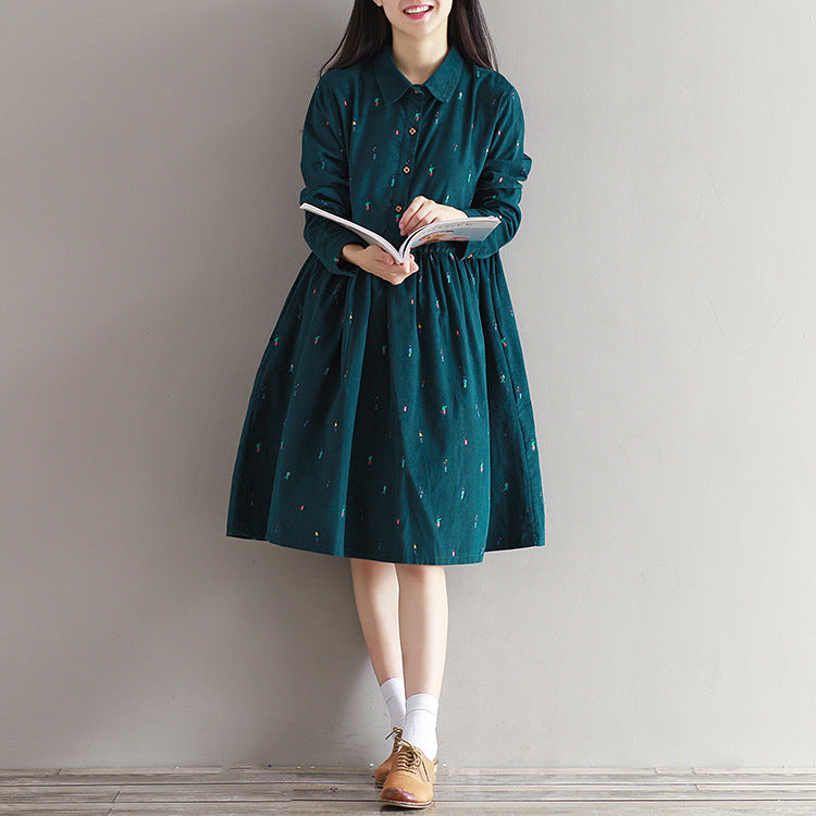 Long sleeve printed corduroy dress