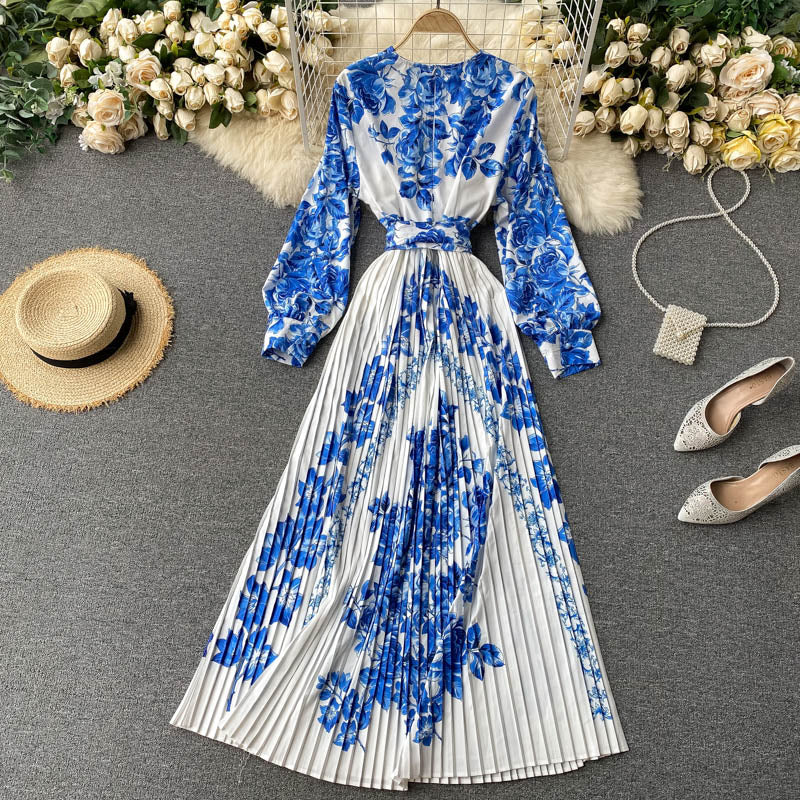 Blue and white porcelain print dress long skirt