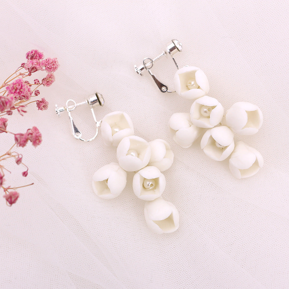 White Ceramic Flower Ear Clip With Pearl Handmade