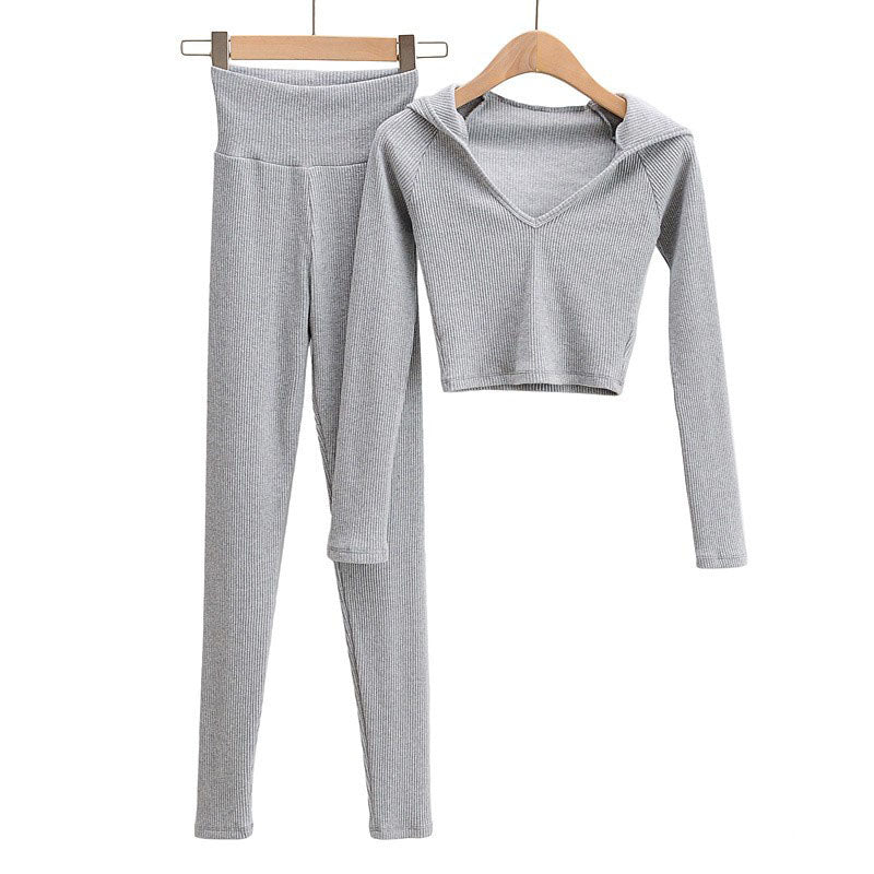 Slim Short Navel V-neck Hooded Threaded Sweatshirt Long Sleeve Two-Piece Set