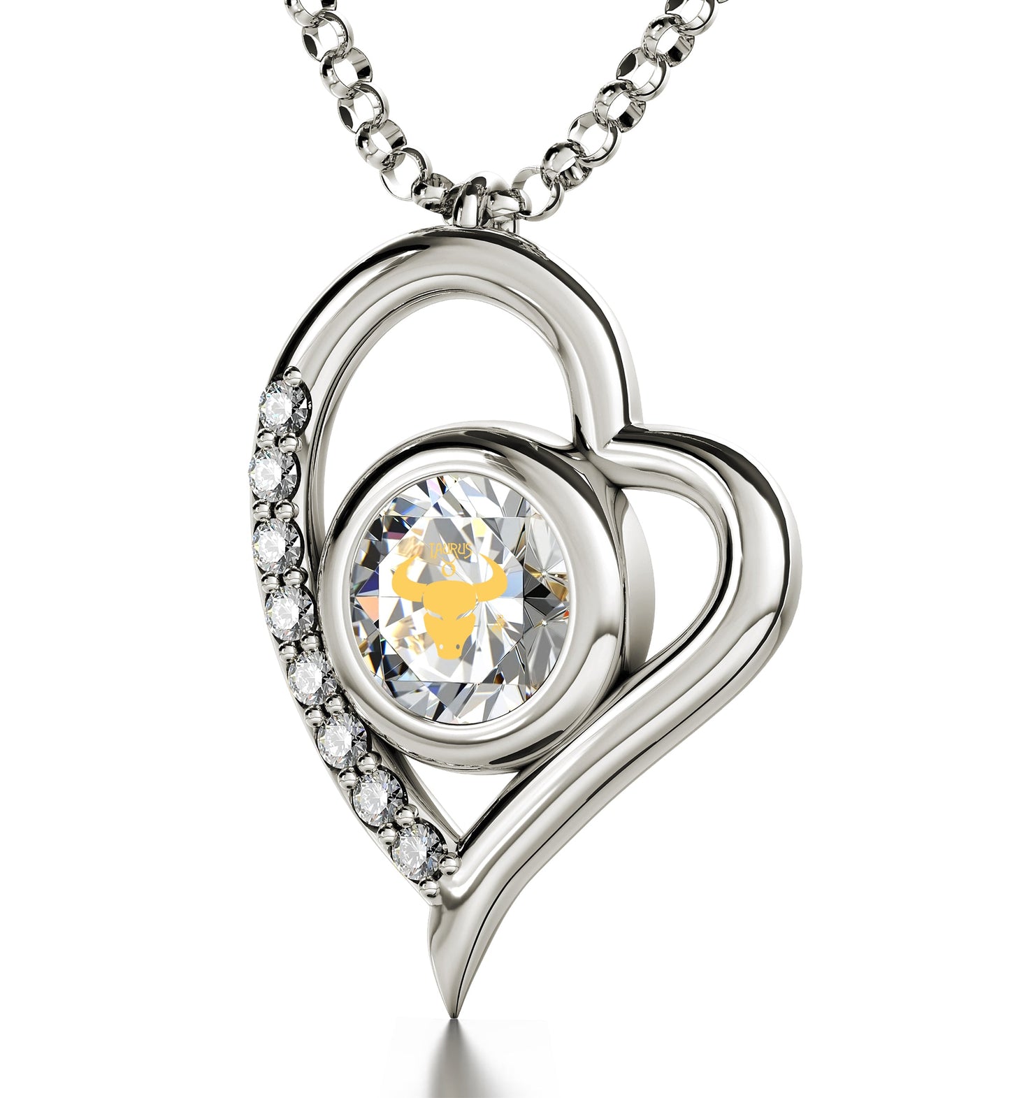 925 Sterling Silver Taurus Necklace Zodiac Heart Pendant 24k Gold Inscribed on Crystal