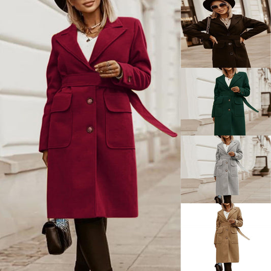 Slim-fit long lapel tie woolen coat