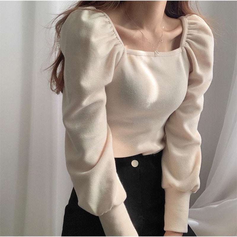 Design sense puff sleeve square neck sweater women