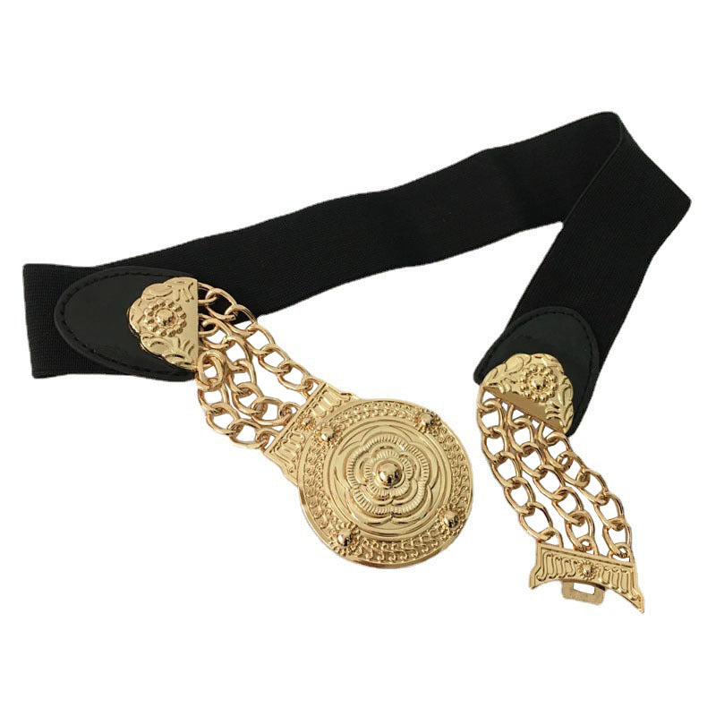 Fashion Metal Elastic Wide Belt Chain Flower Decoration