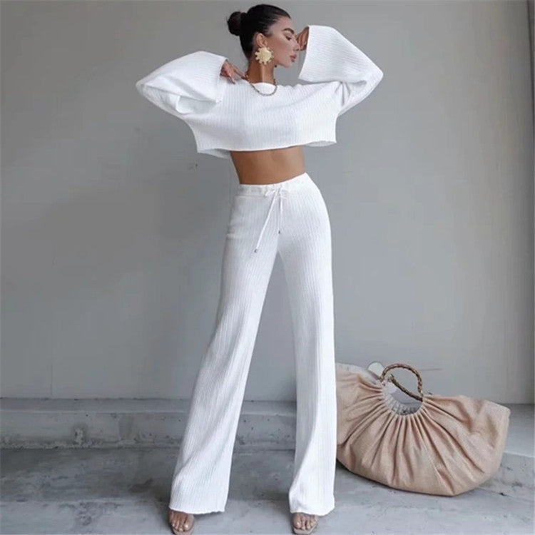 Round Neck Short High Waist Slim Floor Flared Pants Casual Sports Two-piece Suit