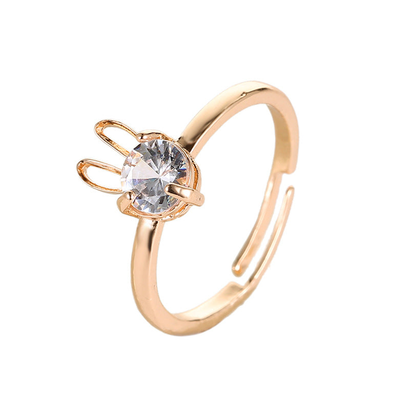 Ladies Cute Rabbit Copper Inlaid Zircon Ring