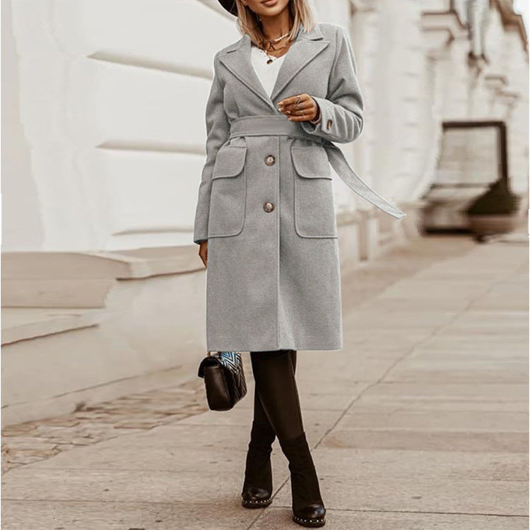 Slim-fit long lapel tie woolen coat