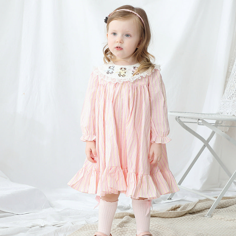 Lapel Long Sleeve Dress Embroidered Striped Princess Dress For Children