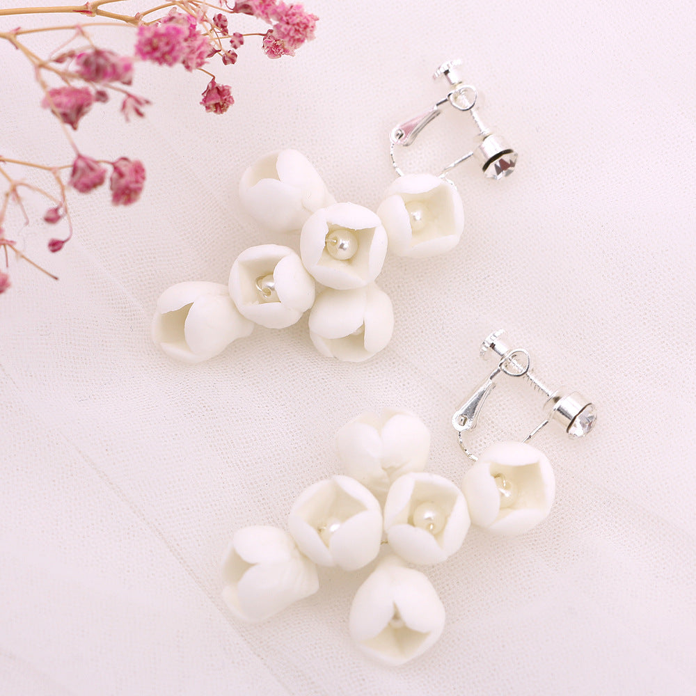 White Ceramic Flower Ear Clip With Pearl Handmade