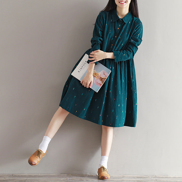 Long sleeve printed corduroy dress