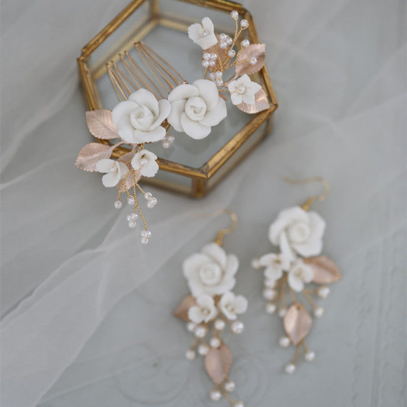 Design Ceramic White Flower Hair Comb Earrings