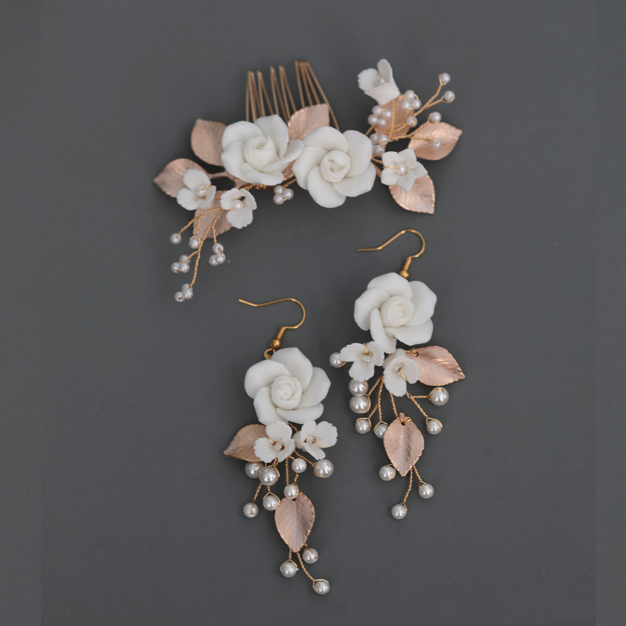 Design Ceramic White Flower Hair Comb Earrings