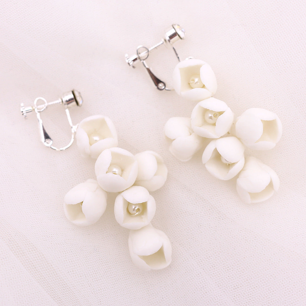 White Ceramic Flower Ear Clip With Pearl Handmade