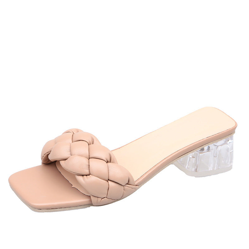 Fashion Square Toe Woven One-Line Block Heel Low Heel Slippers