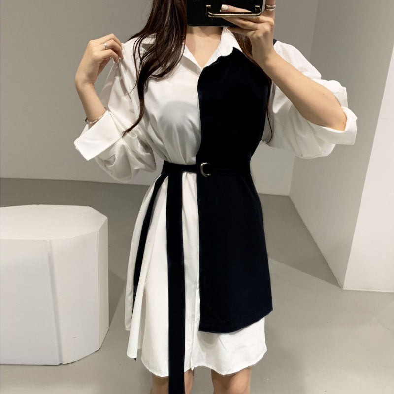 Women's Lapel And Receiving Waist Tie Shirt Dress