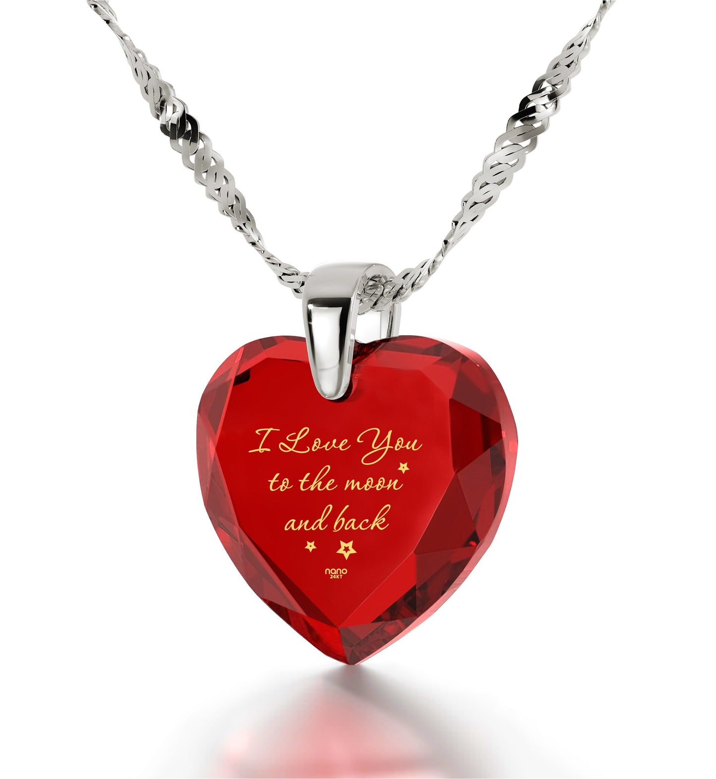 925 Sterling Silver I Love You to The Moon and Back Necklace 24k Gold Inscribed Heart Cubic Zirconia Pendant