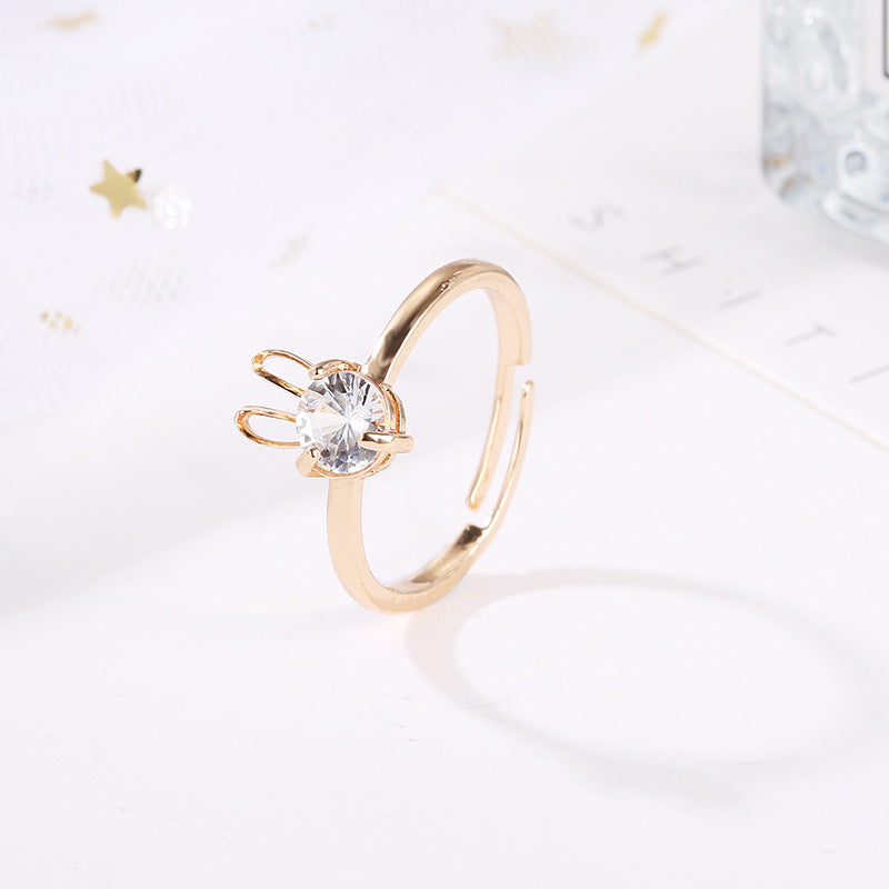 Ladies Cute Rabbit Copper Inlaid Zircon Ring