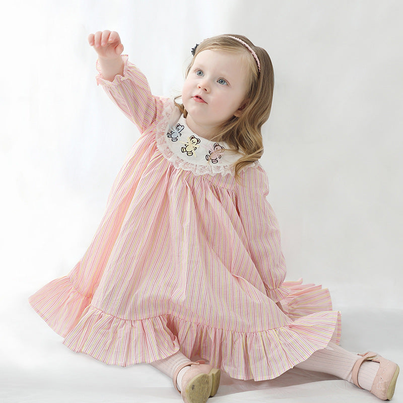 Lapel Long Sleeve Dress Embroidered Striped Princess Dress For Children