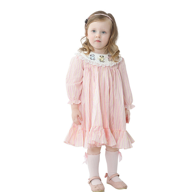 Lapel Long Sleeve Dress Embroidered Striped Princess Dress For Children