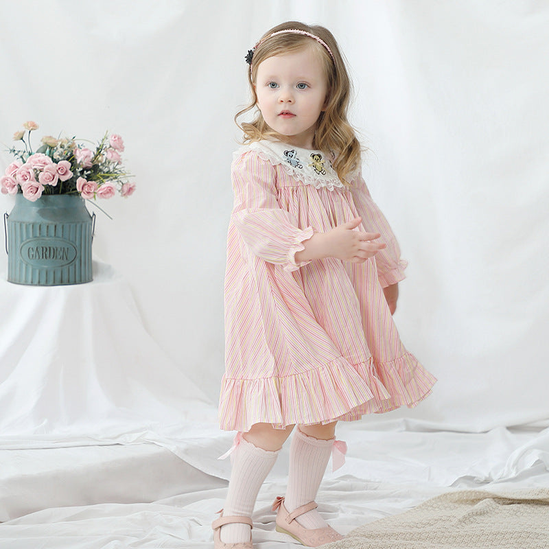 Lapel Long Sleeve Dress Embroidered Striped Princess Dress For Children