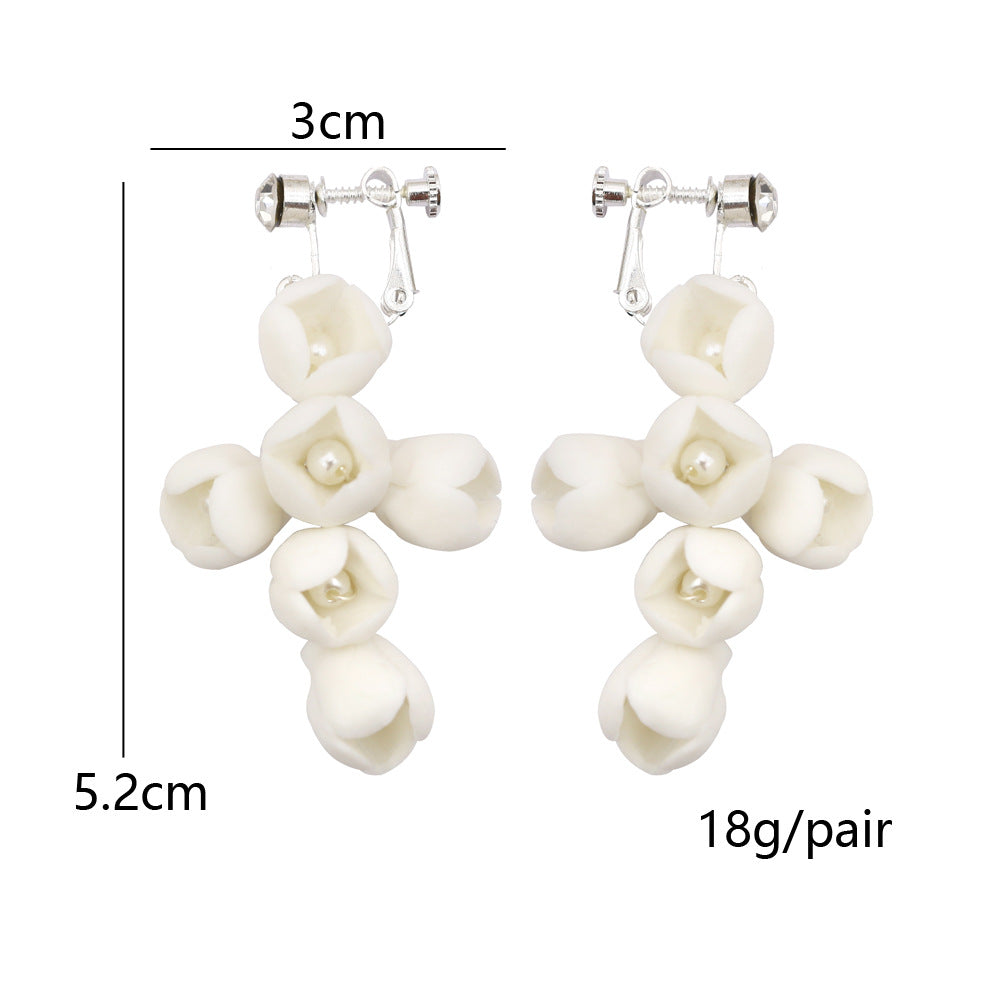 White Ceramic Flower Ear Clip With Pearl Handmade