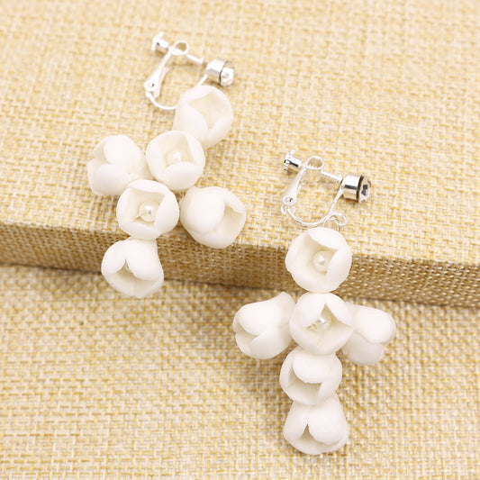 White Ceramic Flower Ear Clip With Pearl Handmade