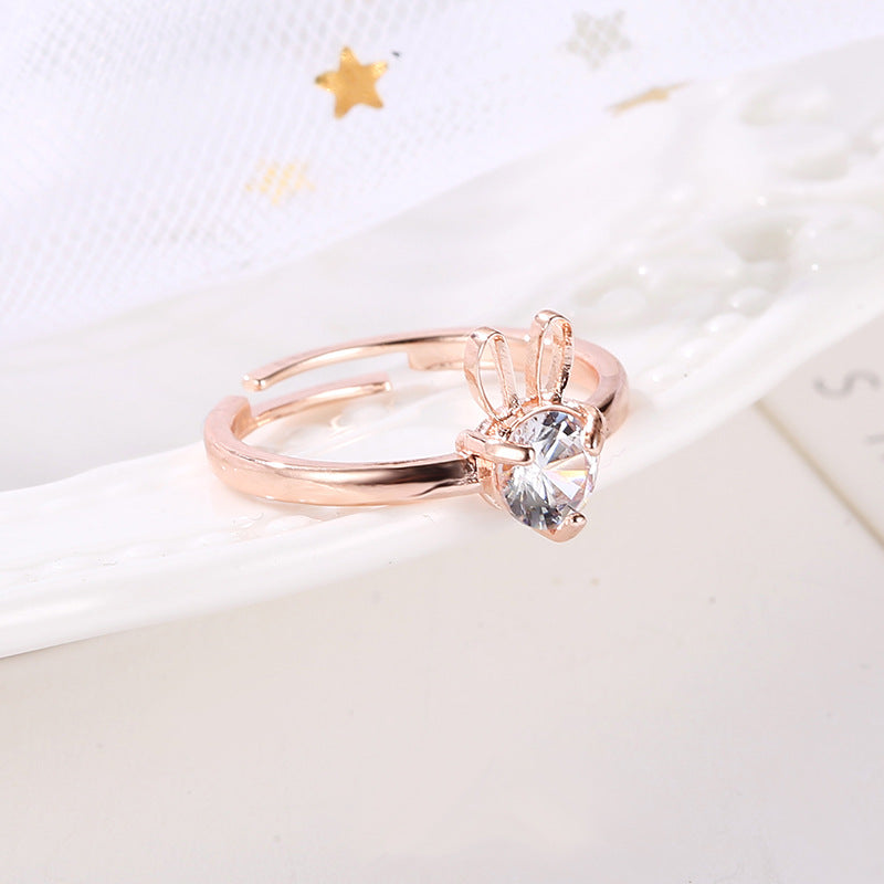 Ladies Cute Rabbit Copper Inlaid Zircon Ring