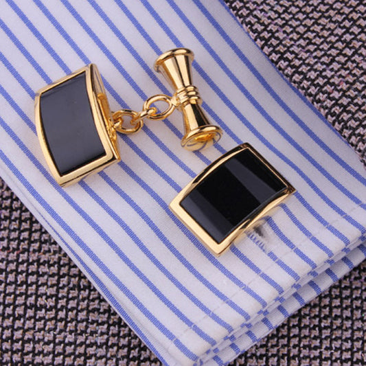 French Style Shirt Sleeve Cuff Cufflink Men's Rich Black Agate-24K Gold Chain