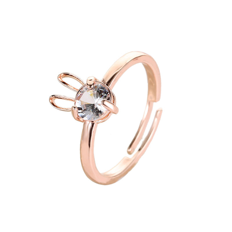 Ladies Cute Rabbit Copper Inlaid Zircon Ring