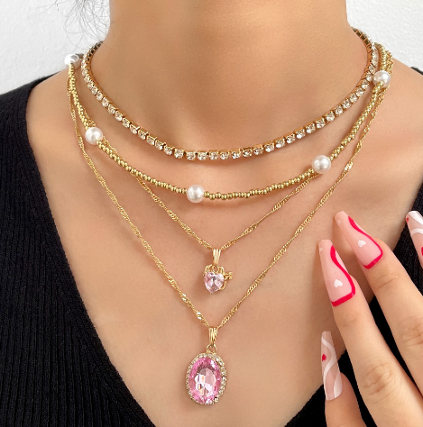 Multi-layer Pink Heart Crystal Necklaces